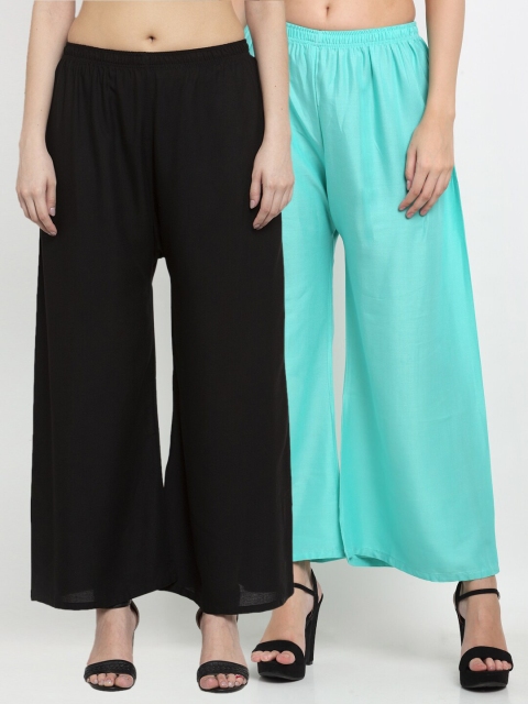 

Miaz Lifestyle Women Turquoise Blue & Black 2 Flared Knitted Palazzos Plus Size