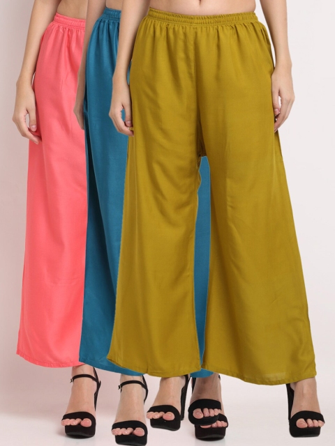 

Miaz Lifestyle Women Set of 3 Flared Ethnic Palazzos, Olive