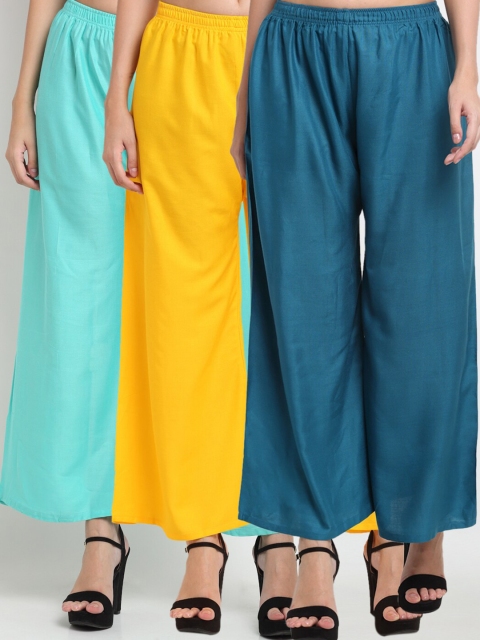 

Miaz Lifestyle Women Pack Of 3 Blue & Yellow 3 Knitted Palazzos