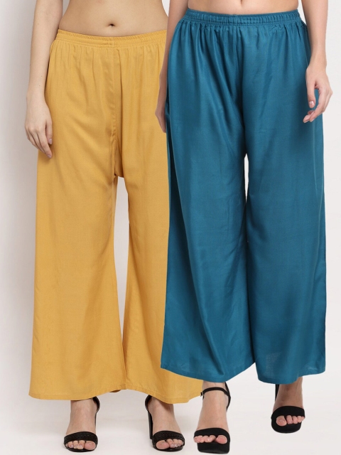 

Miaz Lifestyle Women Set of 2 Blue & Yellow Flared Palazzos