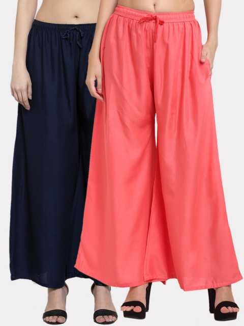 

Miaz Lifestyle Women Peach-Coloured & Navy Blue 2 Flared Knitted Palazzos