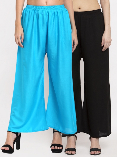 

Miaz Lifestyle Pack Of 2 Black & Blue Flared Knitted Palazzos