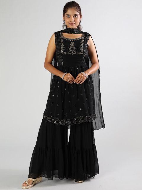 

taruni Women Black Pleated Beads and Stones Kurti with Sharara & With Dupatta