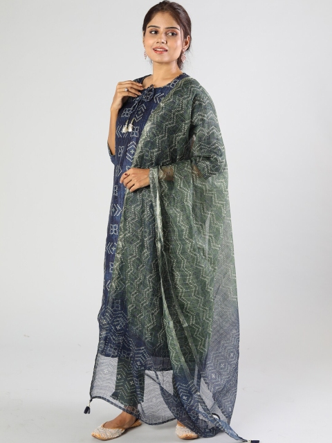

taruni Women Blue Bandhani Printed Chanderi Cotton Kurta with Salwar