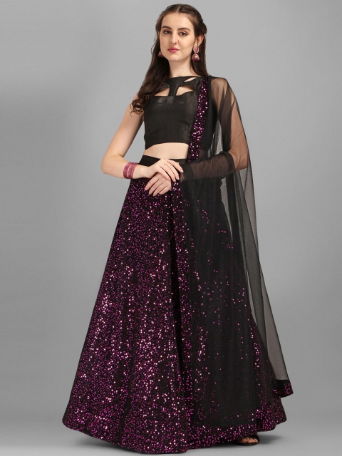 

Satrani Black & Purple Embellished Sequinned Semi-Stitched Lehenga & Unstitched Blouse With Dupatta