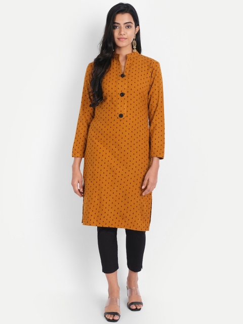 

Alavya Women Yellow Geometric Printed Thread Work Dobby Kurta