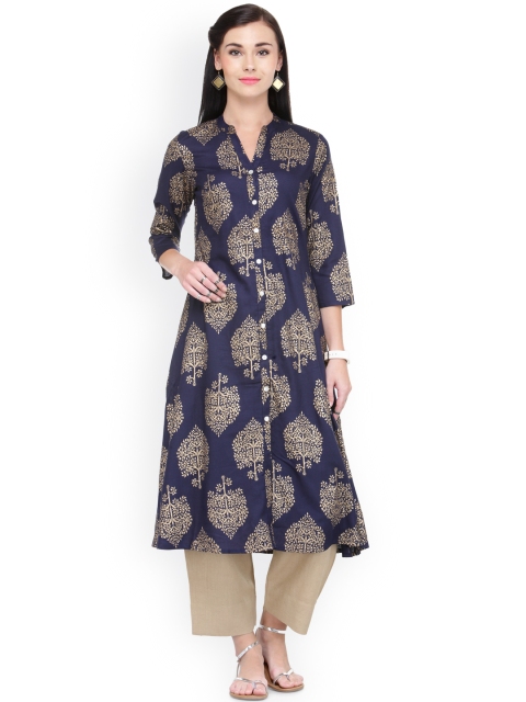 

Varanga Women Navy Blue & Gold-Toned Printed A-Line Kurta