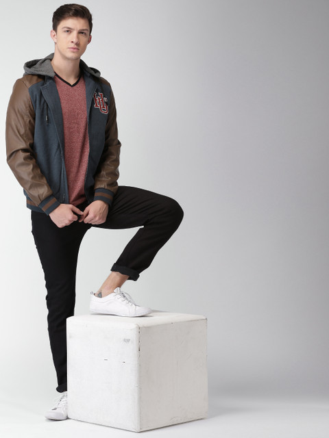 

Harvard Men Blue & Brown Solid Bomber Jacket