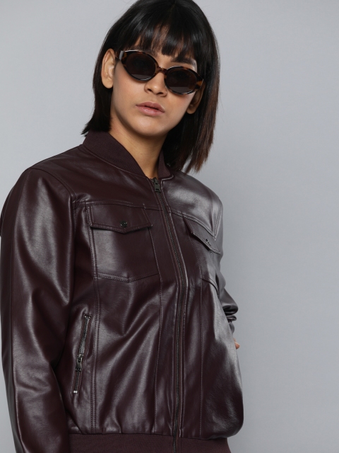 

Harvard Women Burgundy Solid Biker Jacket