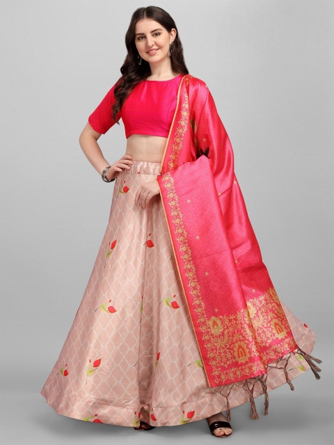 

Fashionuma Peach-Coloured & Red Semi-Stitched Lehenga & Unstitched Blouse With Dupatta