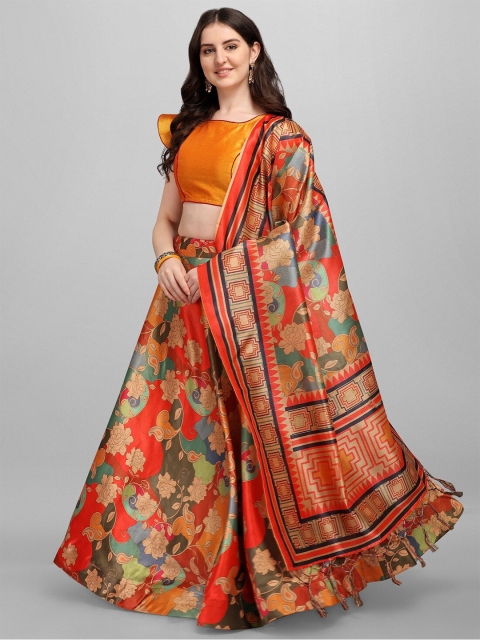 

Fashionuma Red & Orange Semi-Stitched Lehenga & Unstitched Blouse With Dupatta