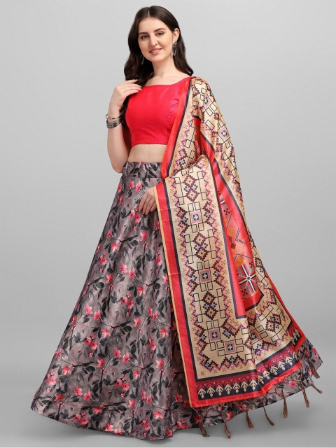 

Fashionuma Grey & Red Semi-Stitched Lehenga & Unstitched Blouse With Dupatta