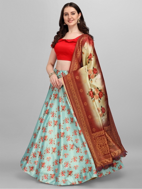 

Fashionuma Blue & Red Semi-Stitched Lehenga & Unstitched Blouse With Dupatta