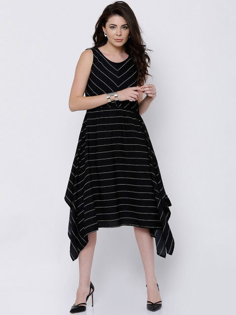 

Tokyo Talkies Women Black & White Striped A-Line Dress