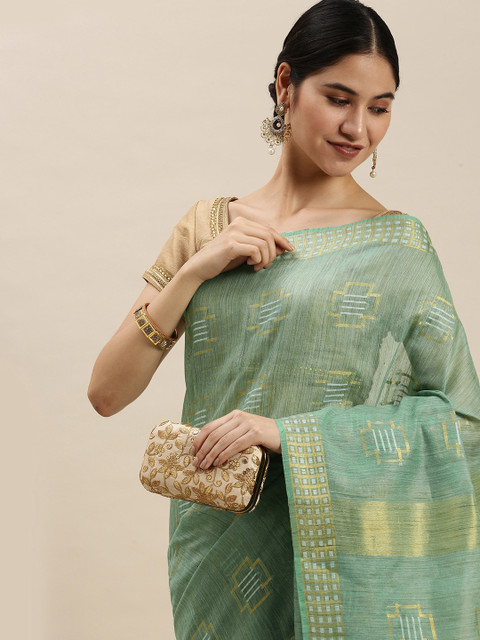 

swatika Green & Gold-Toned Woven Design Silk Blend Bhagalpuri Saree