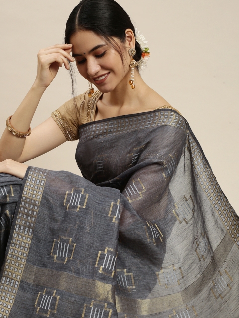 

swatika Grey & Gold-Toned Woven Design Geometric Silk Blend Bhagalpuri Saree