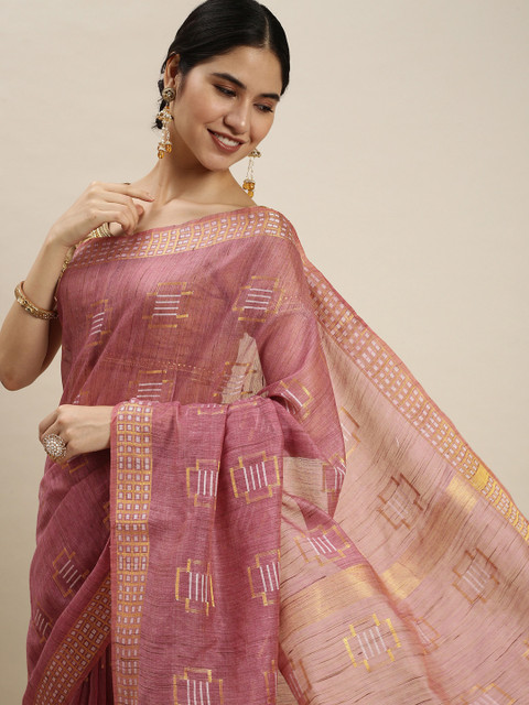 

swatika Pink & Gold-Toned Woven Design Geometric Silk Blend Bhagalpuri Saree