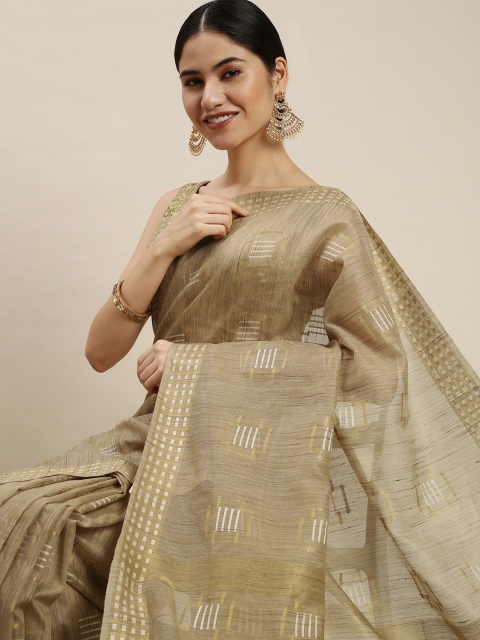 

swatika Olive Green & Gold-Toned Silk Blend Bhagalpuri Saree