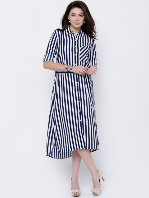 

Tokyo Talkies Women Navy & White Striped Shirt Dress, Navy blue