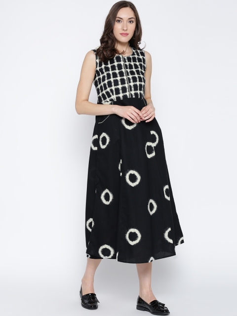 

Biba Women Black & Off-White Printed Midi Fit & Flare Dress