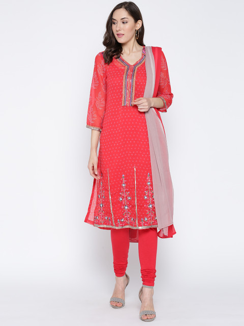 

Biba Women Red Printed Churidar Kurta with Dupatta