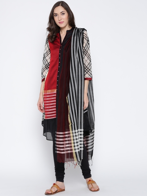 

Biba Women Black & Red Striped Churidar Kurta with Dupatta