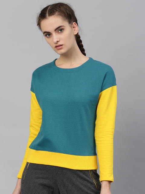 

HRX by Hrithik Roshan Women Teal & Yellow Colourblocked Active Sweatshirt