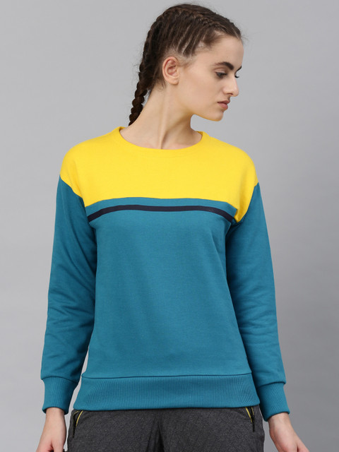 

HRX by Hrithik Roshan Women Teal & Yellow Colourblocked Sweatshirt