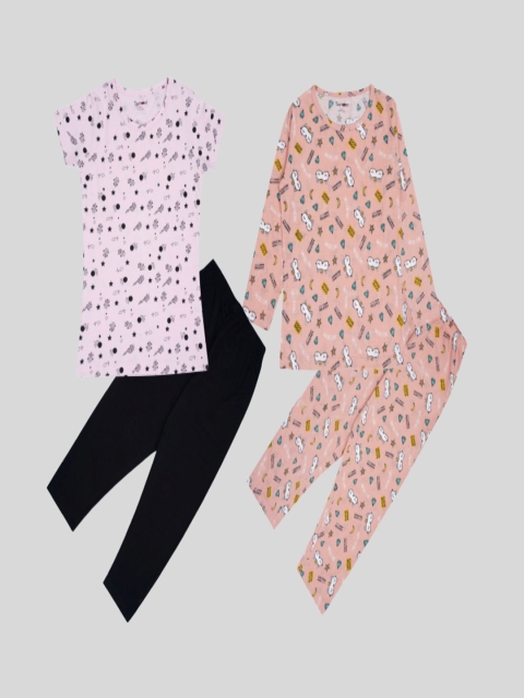 

Taatoom Girls Peach-Coloured & Pink cotton set of 2 Printed Night suit