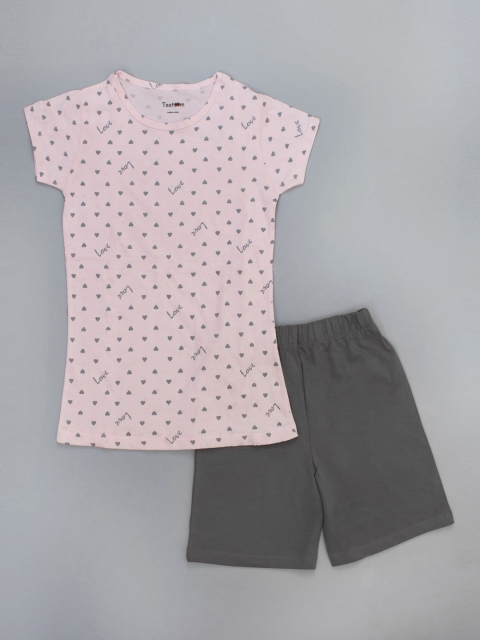

Taatoom Girls Pink & Grey Printed Night suit