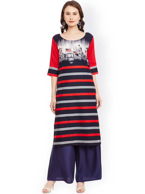 

AgrohA Women Red & Navy Blue Printed Straight Kurta