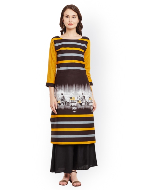 

AgrohA Women Mustard Yellow & Coffee Brown Striped Straight Kurta