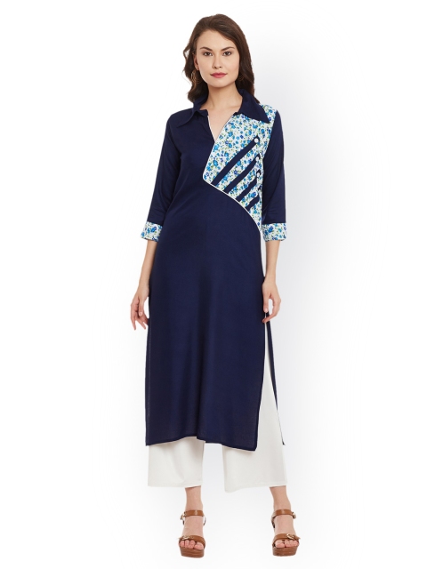

AgrohA Women Navy Yoke Design Straight Kurta, Navy blue