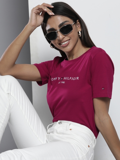 

Tommy Hilfiger Women Burgundy Brand Logo Pure Cotton Slim Fit T-shirt