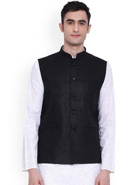 

NAMASKAR Men Black Solid Woven Nehru Jackets