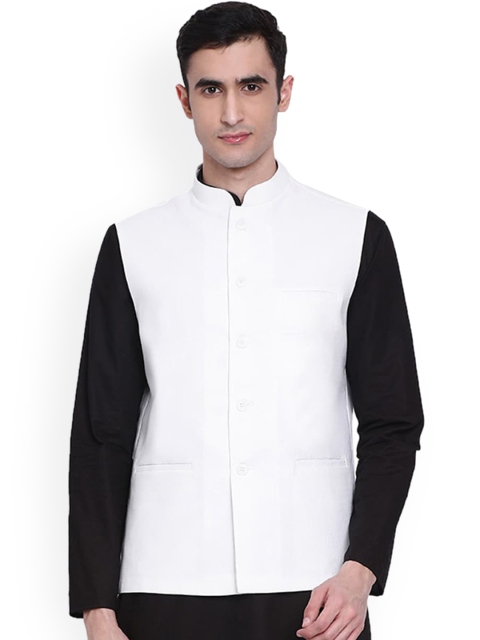 

NAMASKAR Men White Solid Slim Fit Nehru Jackets