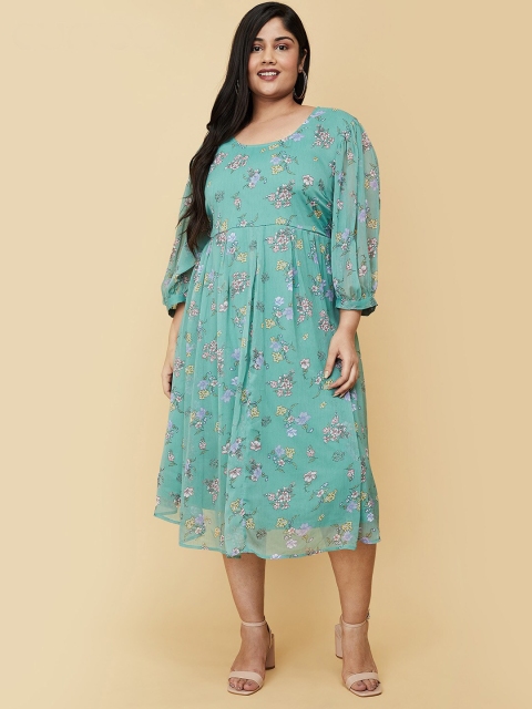

max Plus Size Green Floral Keyhole Neck Empire Midi Dress