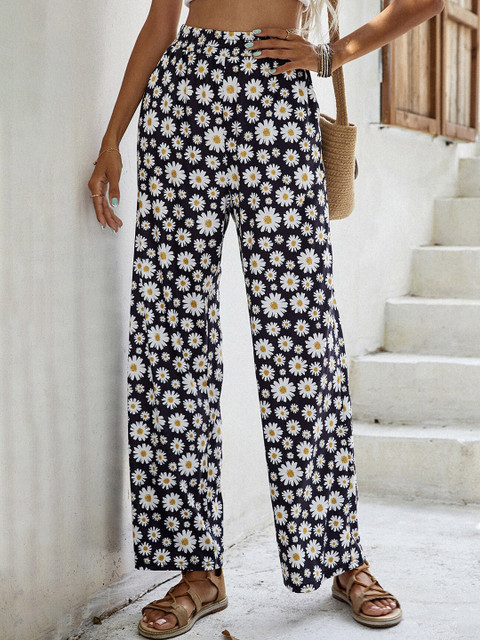 

BoStreet Women Navy Blue Floral Printed Loose Fit Trousers