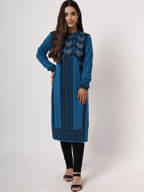 

KEIKO WomenPeacock Blue & Black Ethnic Motifs Printed Kurta