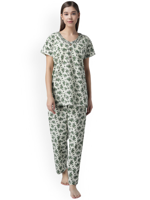 

Shararat Women Green & Cream-Coloured Printed Night suit