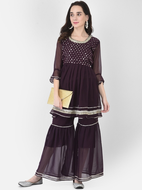 

FNOCKS Women Burgundy Gota Patti Kurti with Sharara Set