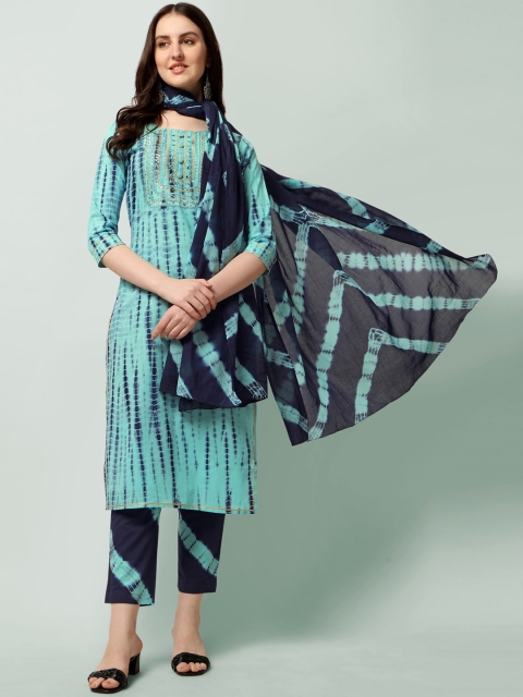 

MIRCHI FASHION Women Turquoise Blue Striped Pleated Sequinned Kurti with Trousers & With Dupatta