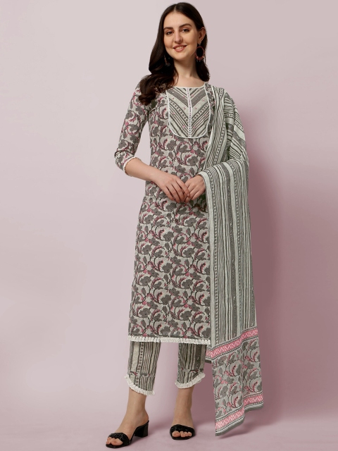

MIRCHI FASHION Women Grey Floral Printed Kurta with Trousers & Dupatta