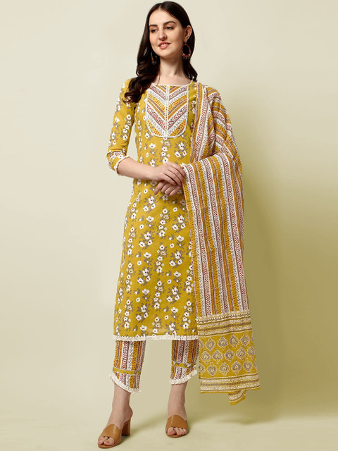 

MIRCHI FASHION Women Mustard Yellow Floral Printed Kurti with Trousers & With Dupatta