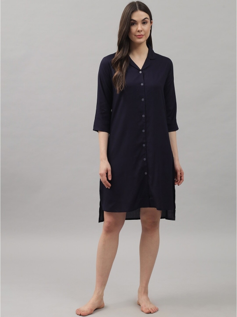 

Shararat Navy Blue Shirt Style Lapel Collar Nightdress