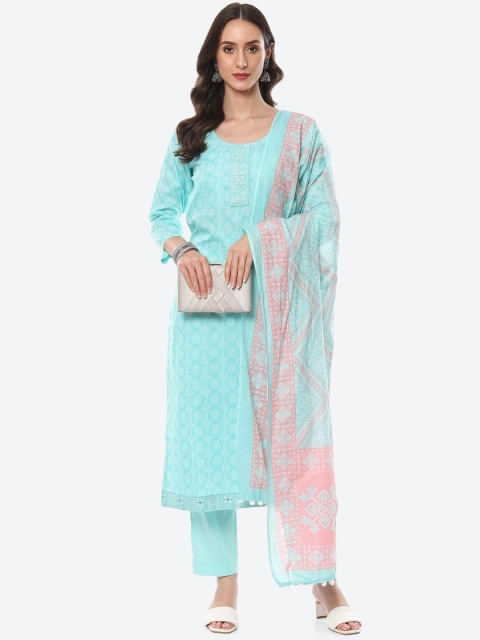 

Meena Bazaar Green & Pink Printed Pure Cotton Unstitched Dress Material