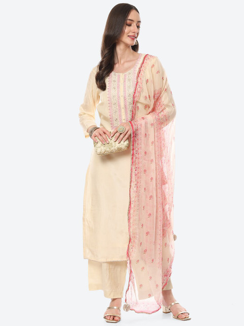

Meena Bazaar Cream-Coloured & Red Embroidered Unstitched Dress Material