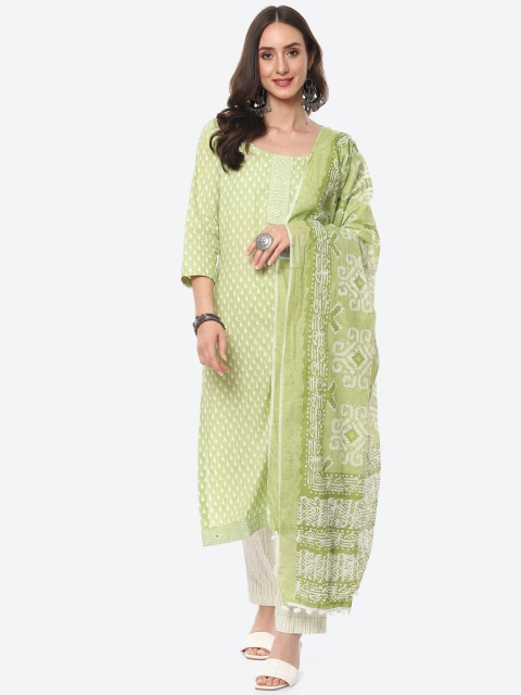 

Meena Bazaar Green & White Printed Pure Cotton Unstitched Dress Material