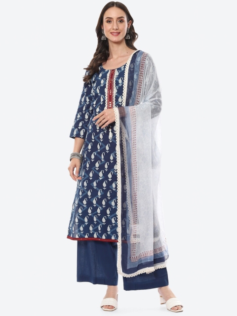 

Meena Bazaar Blue & Off White Printed Pure Cotton Unstitched Dress Material