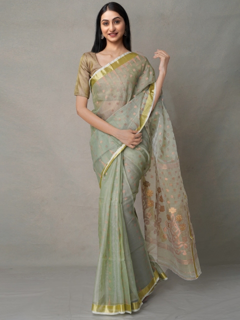 

Unnati Silks Green & Gold-Toned Woven Design Zari Organza Jamdani Saree